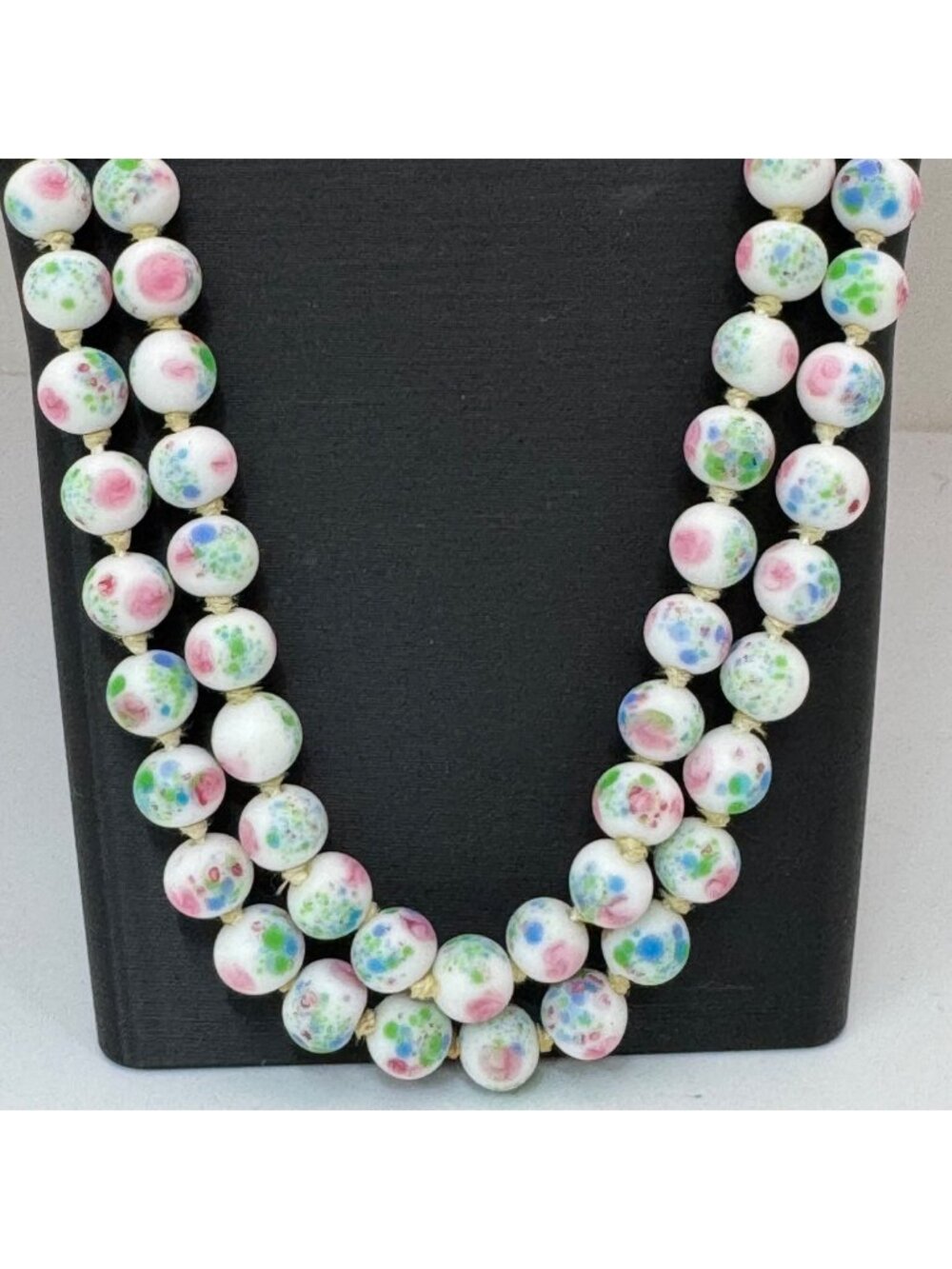 Vintage Asian Porcelain Beaded Necklace Rhinestone Clasp Double Strand Floral 25